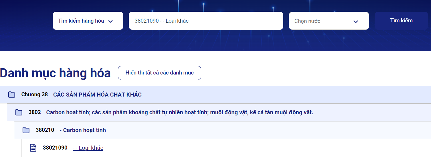 Ví dụ về tra cứu mã HS trên website